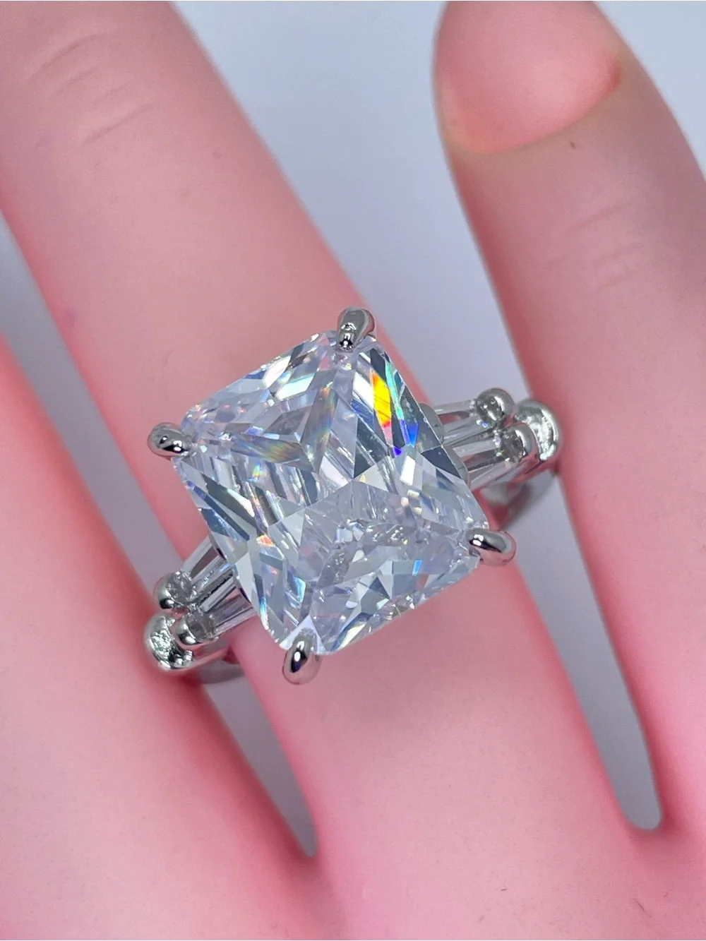 Swarovski Crystal Elements Diamond White Radiant Bridal Statement Ring Silver